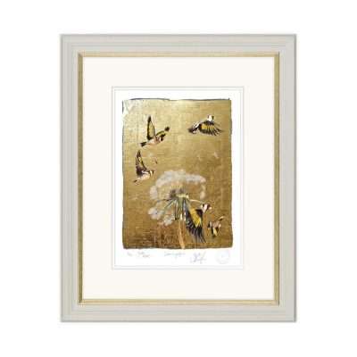 Jackie Morris Charm on Goldfinch Framed in Gallery muted white