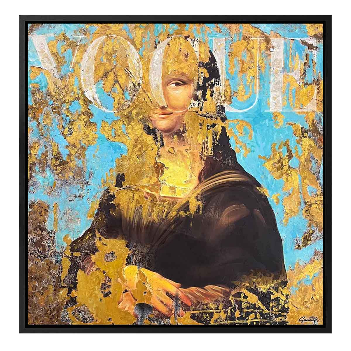 The Cover Of Vogue by Sannib, original mixed media with real gold leaf on canvas in a black frame